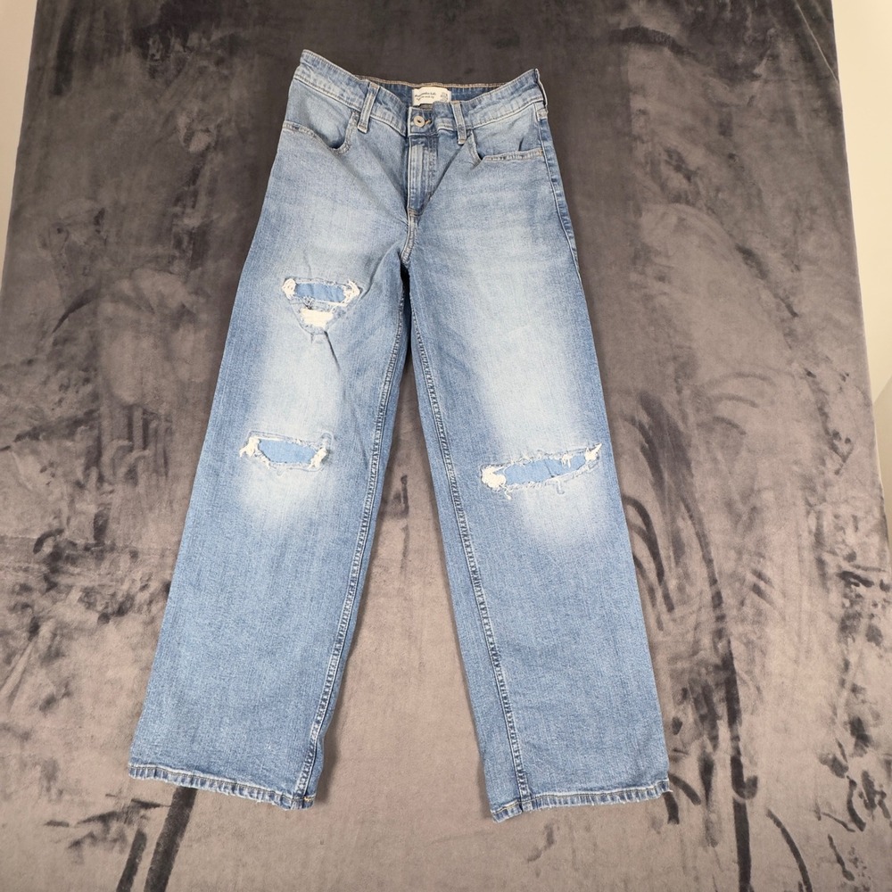 Abercrombie Kids Jeans Girls 17/18 Blue High Rise Wide Leg Distressed Denim